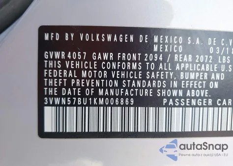 2019 Volkswagen Jetta 1.4T S from USA, damaged, VIN 3VWN57BU1KM006869